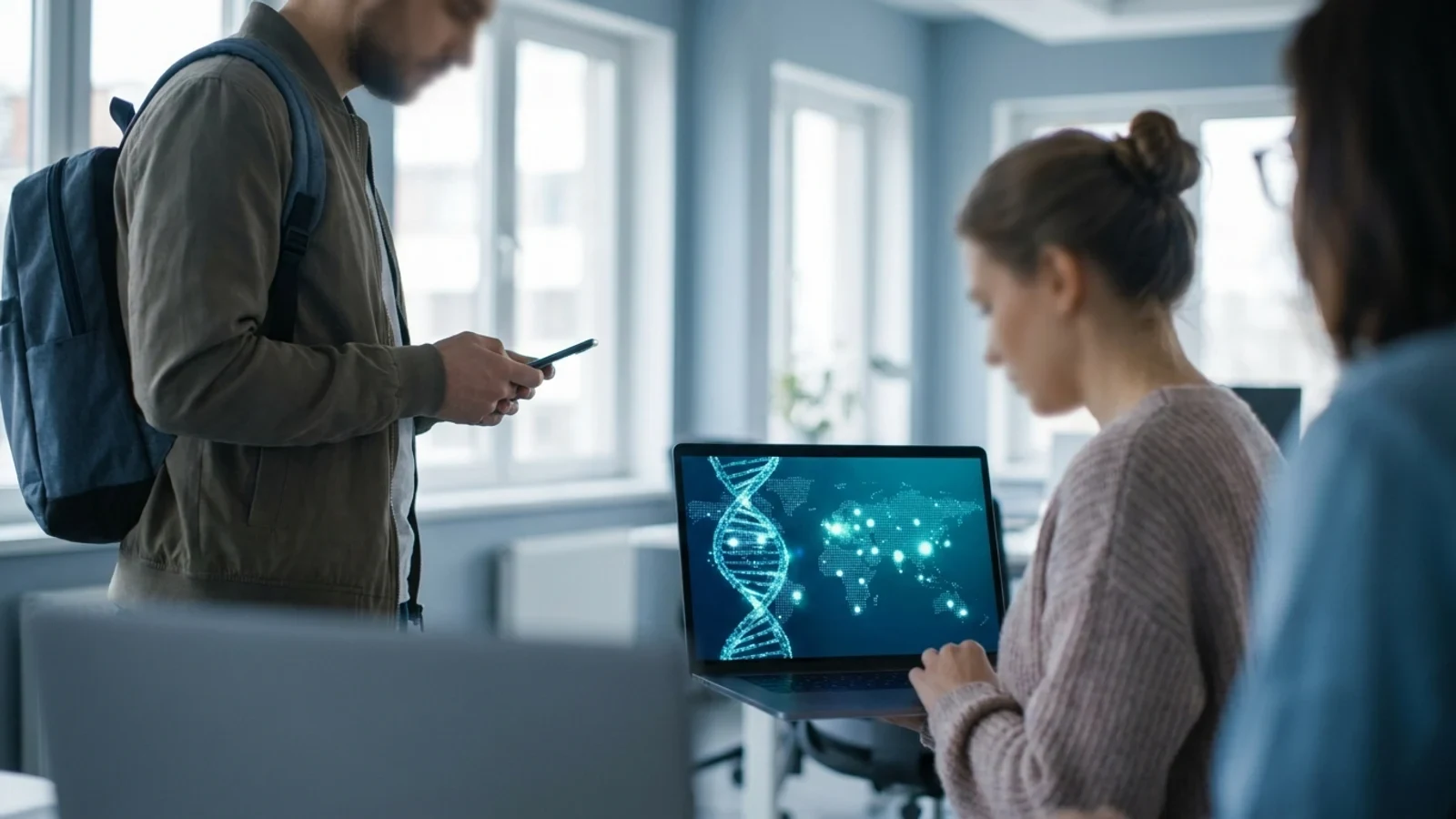 Una doppia elica di DNA che si trasforma in una mappa digitale con punti luminosi