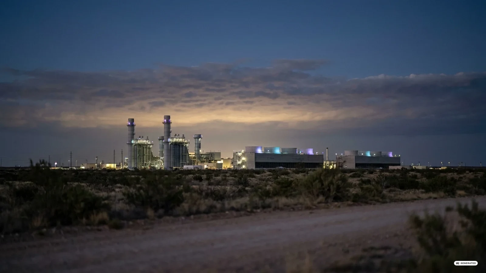 Turbine a gas industriali di notte in un paesaggio desertico del Texas, con nuvole illuminate dal basso