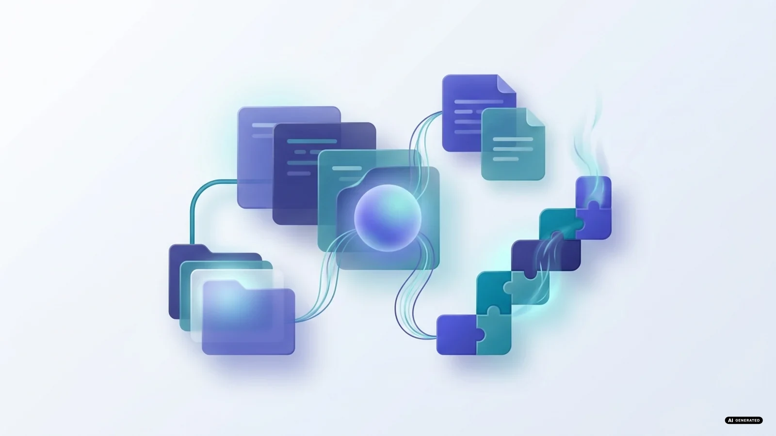 Illustrazione astratta di un assistente digitale che collega file e comandi