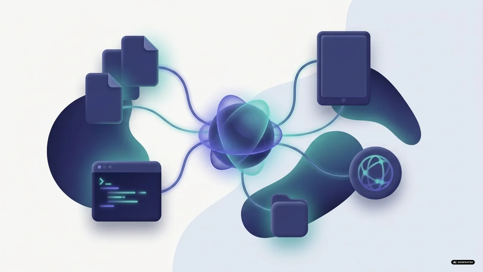 Illustrazione astratta di un assistente digitale che collega file e comandi