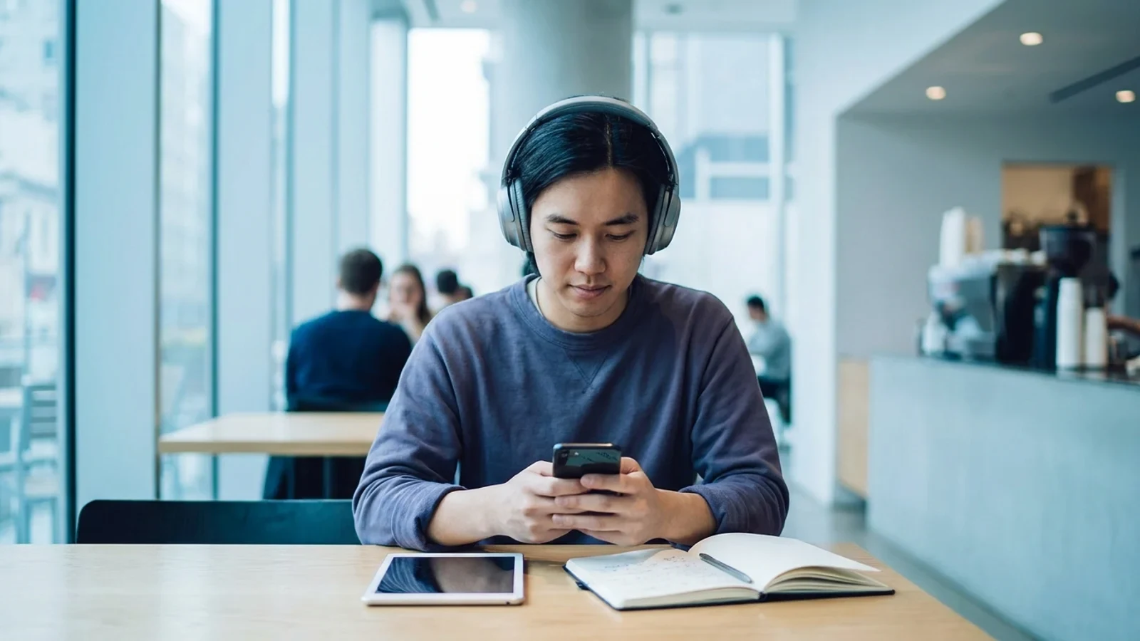 Icone di testo, immagine, audio e video che convergono in un unico punto luminoso