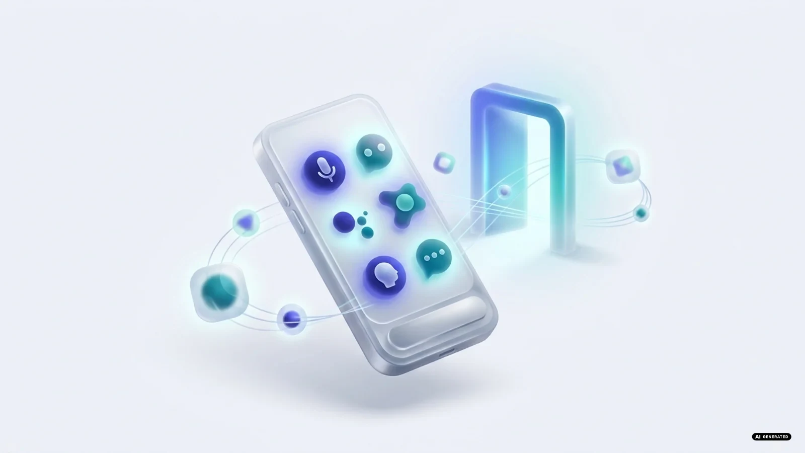 Uno smartphone Android con più icone di assistenti vocali diversi sullo schermo, sfondo neutro