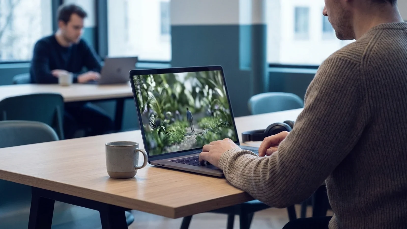 Un mondo virtuale generato da intelligenza artificiale con paesaggio naturale e figura umana