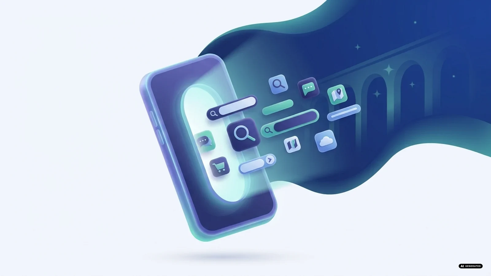Uno smartphone Android con porte aperte verso icone di app concorrenti su sfondo blu europeo