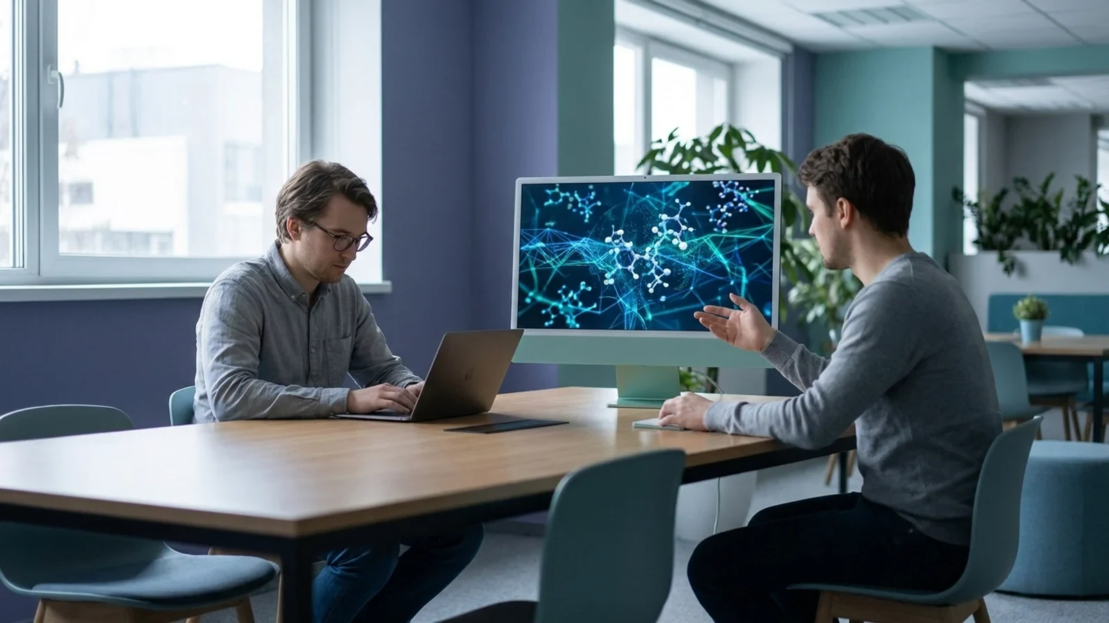 Una rete di molecole proteiche illuminate da linee digitali, come una mappa genetica esplorata da un'intelligenza artificiale
