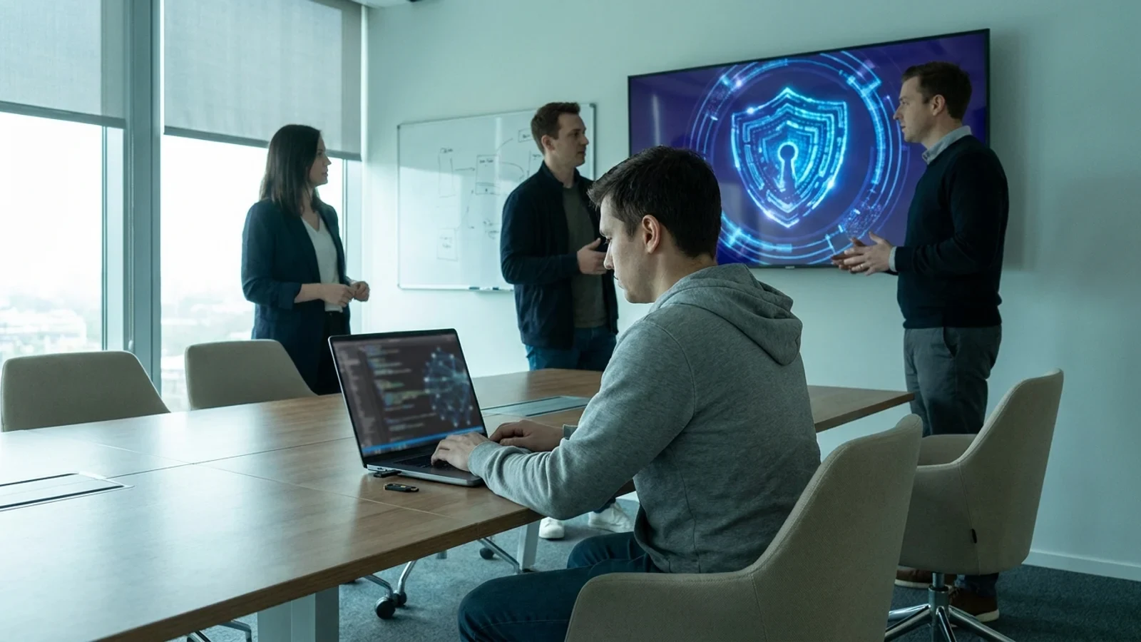 Uno scudo digitale astratto fatto di circuiti luminosi, simbolo di cybersicurezza e intelligenza artificiale