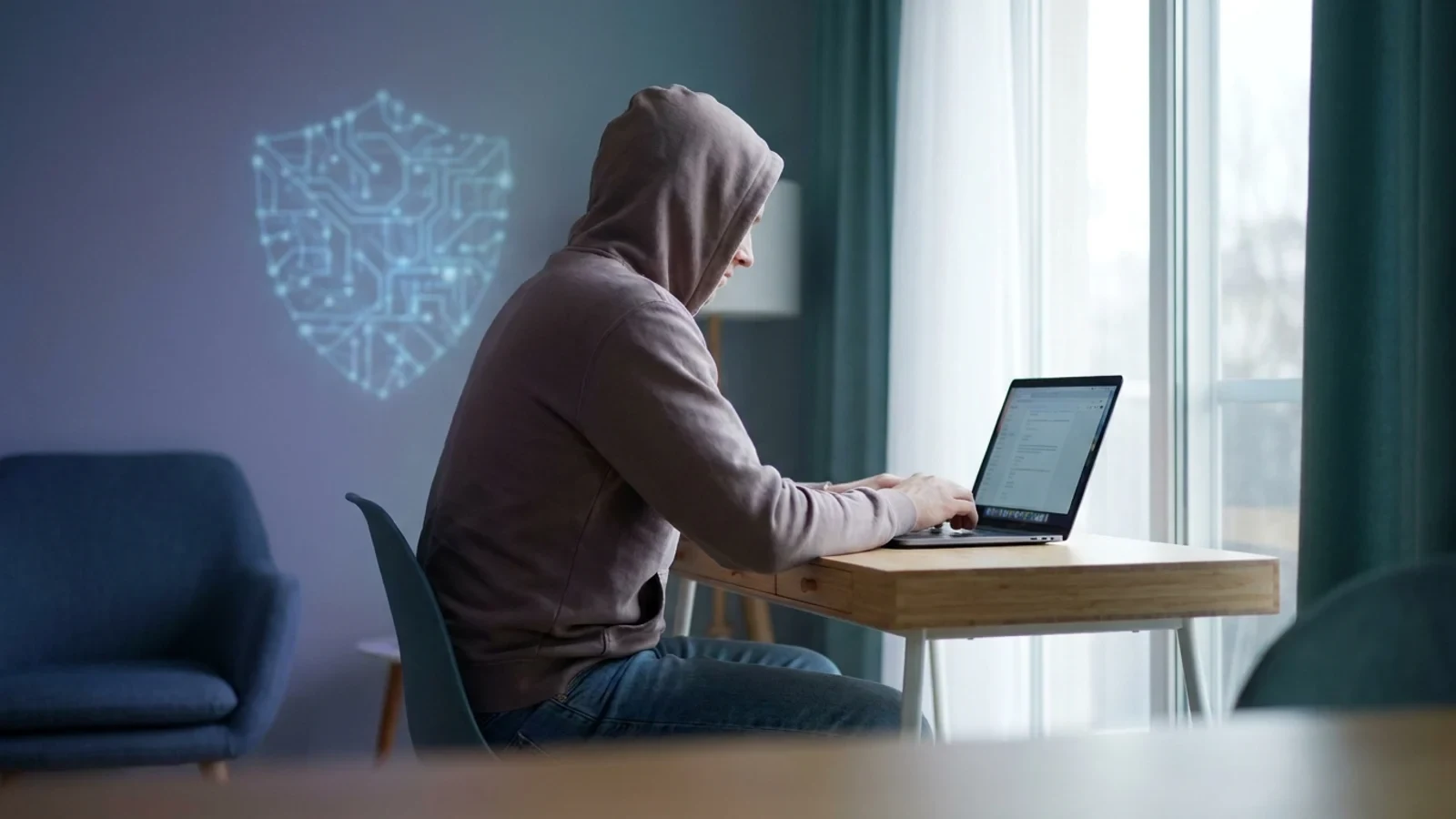 Uno scudo digitale astratto fatto di circuiti luminosi, simbolo di cybersicurezza e intelligenza artificiale