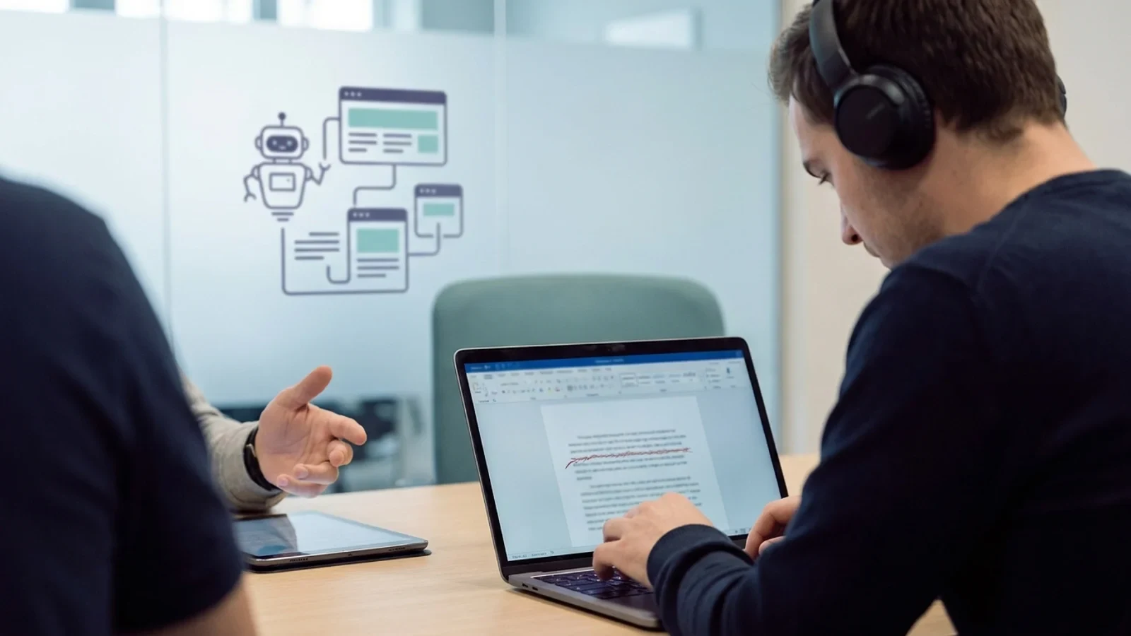 Un documento legale con una frase cancellata e un robot stilizzato che naviga tra pagine web