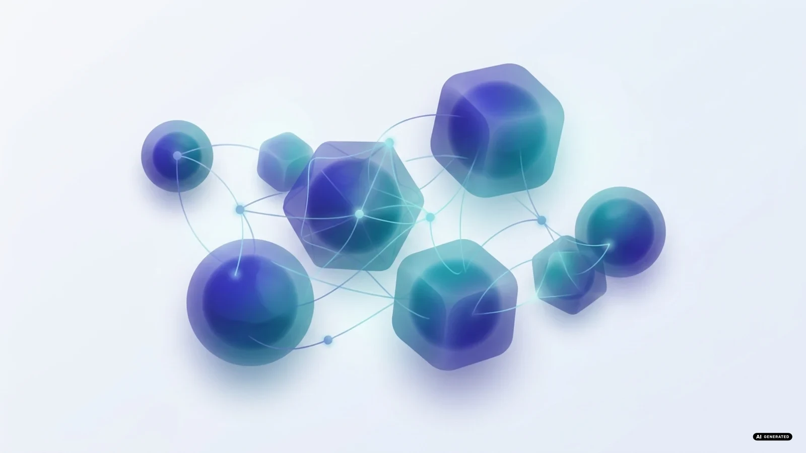 Forme geometriche blu e viola che si intrecciano, simbolo di una grande rete di intelligenza artificiale
