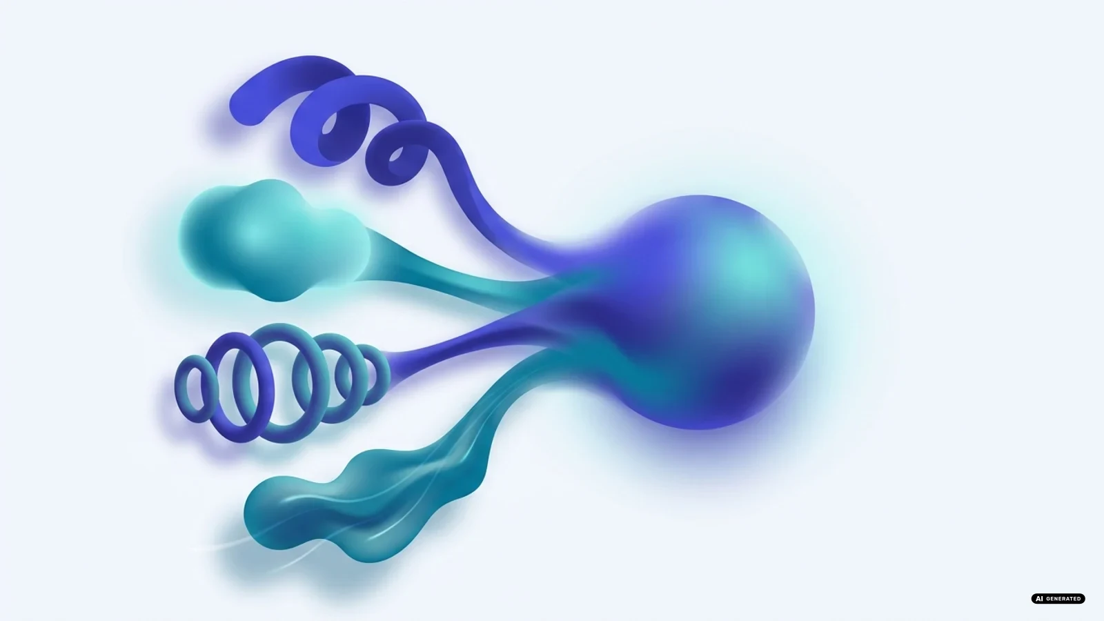 Forme astratte che rappresentano testo, immagine, suono e movimento che confluiscono in un unico punto