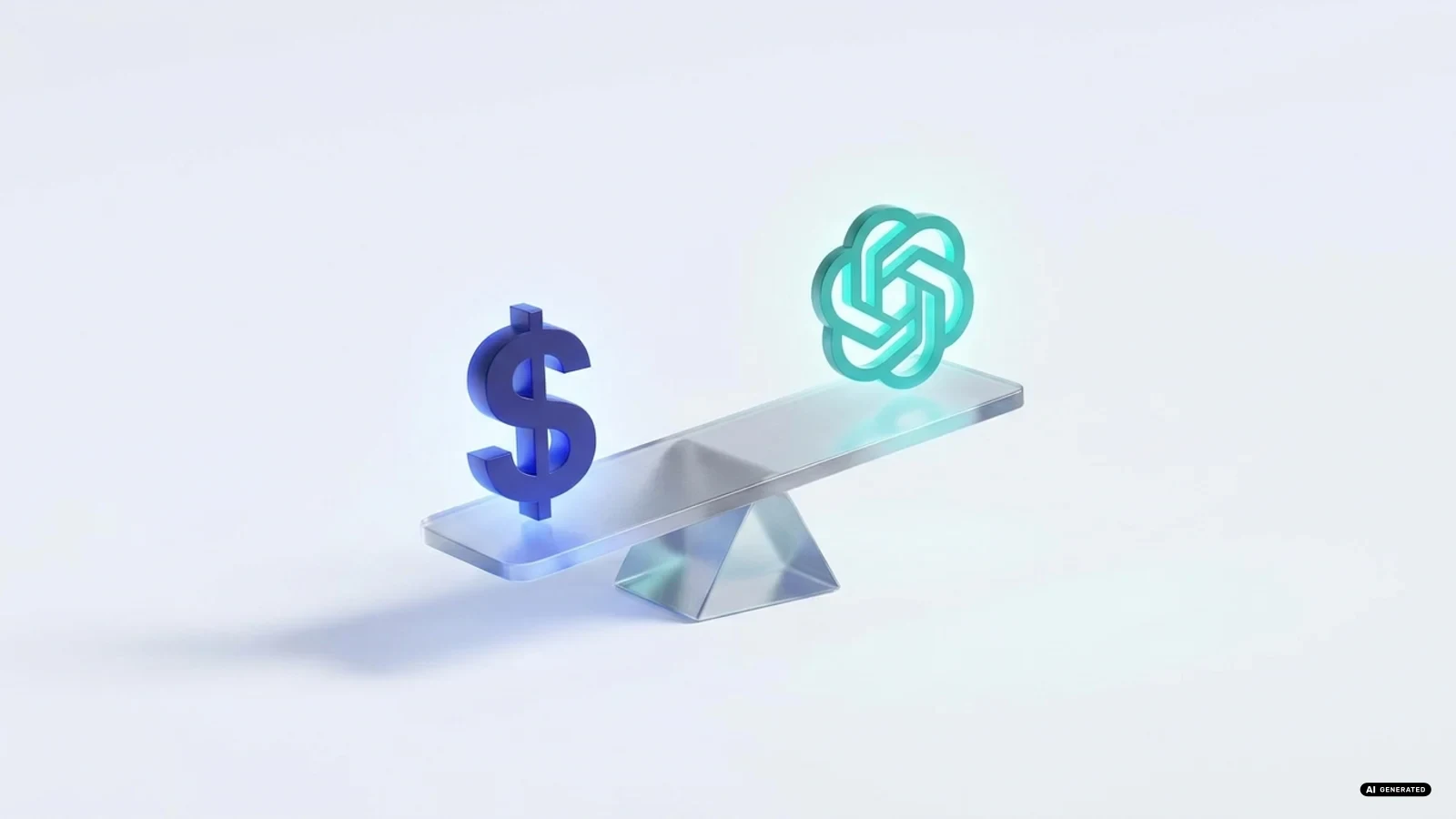 Bilancia con un simbolo del dollaro da un lato e un logo aziendale astratto dall'altro, sfondo blu scuro