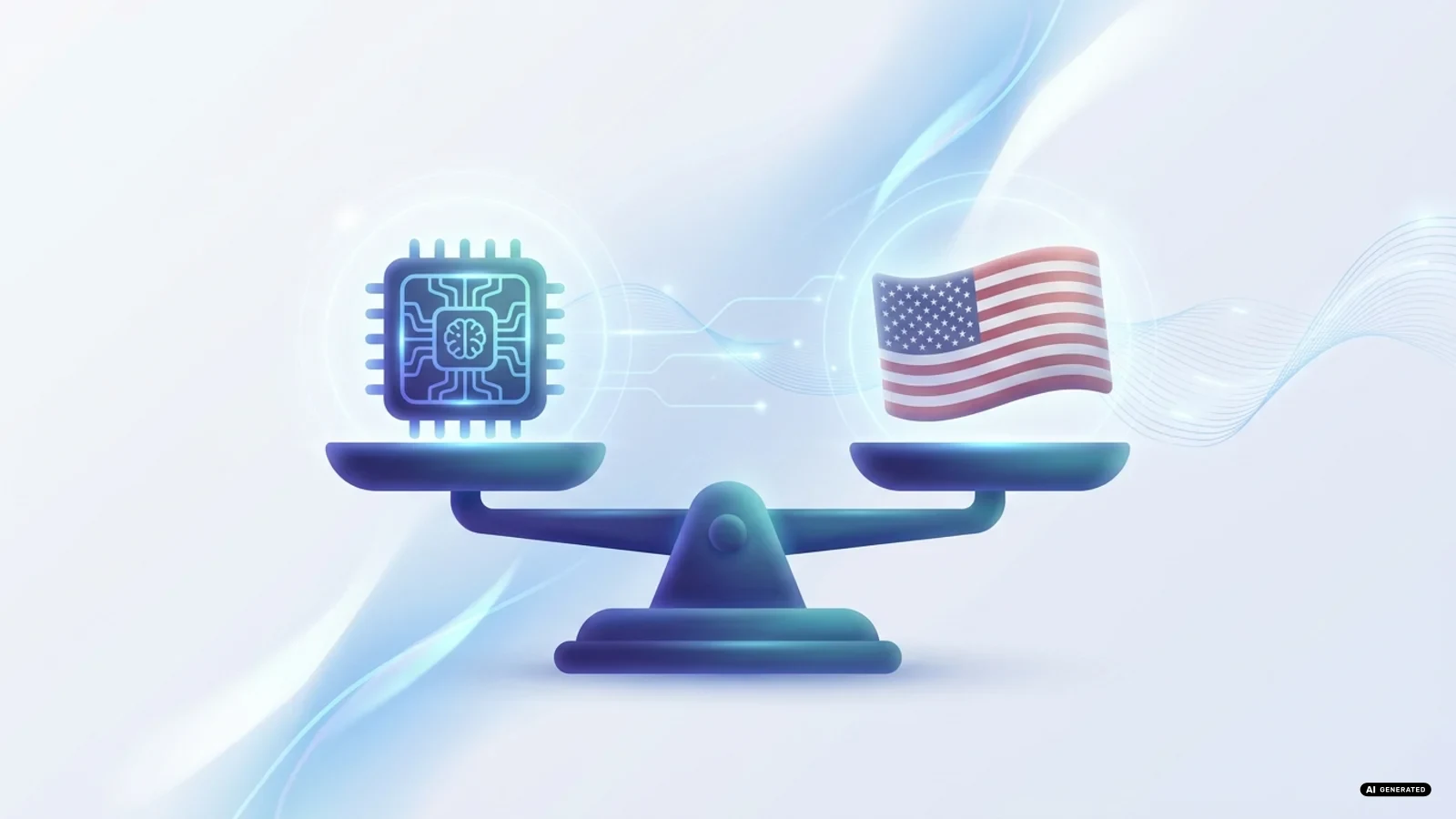 Bilancia con un chip AI da un lato e una bandiera americana dall'altro, sfondo astratto blu e bianco