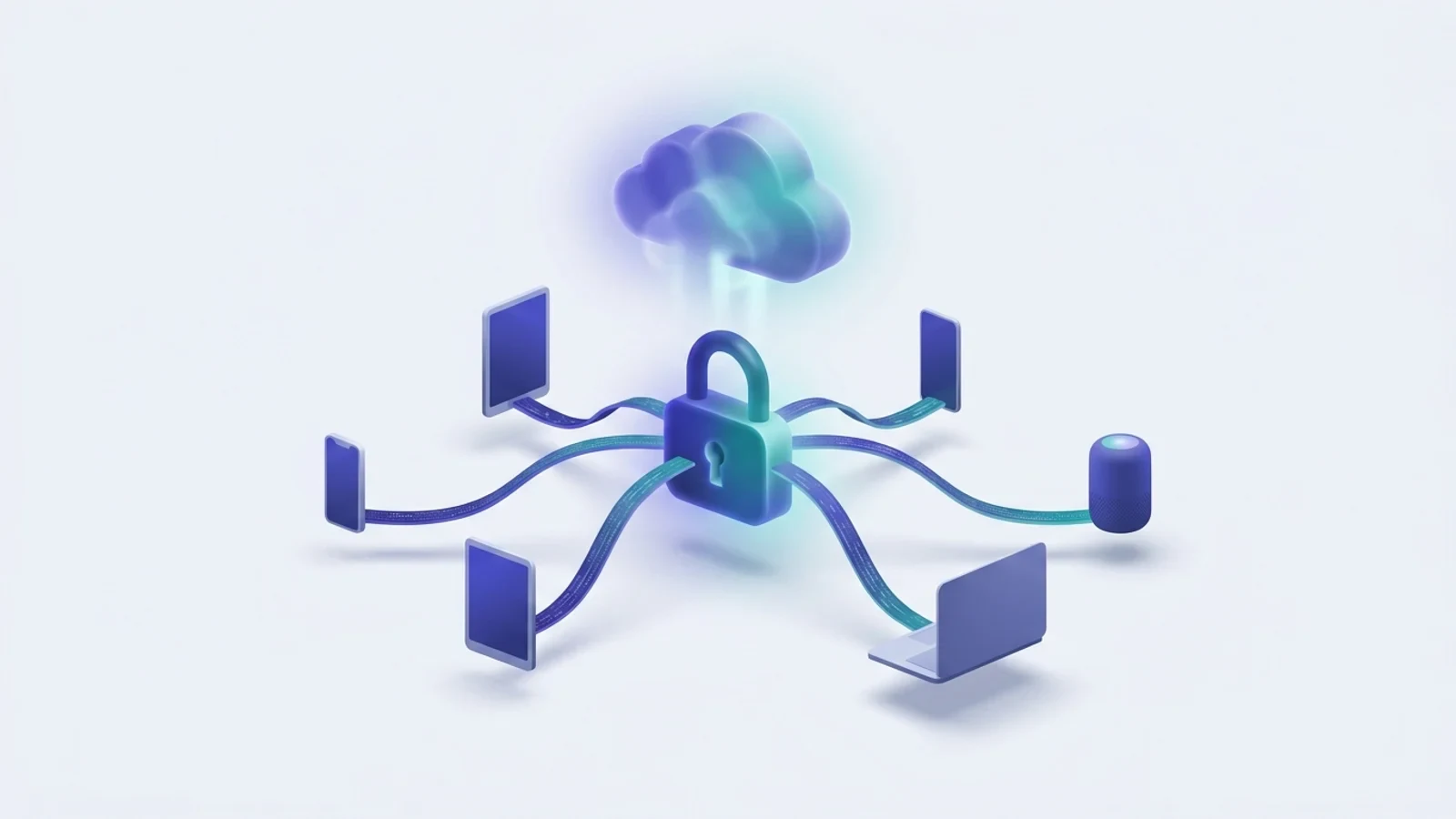 Un lucchetto digitale collegato a più dispositivi tramite linee cifrate, simbolo di dati protetti nel cloud