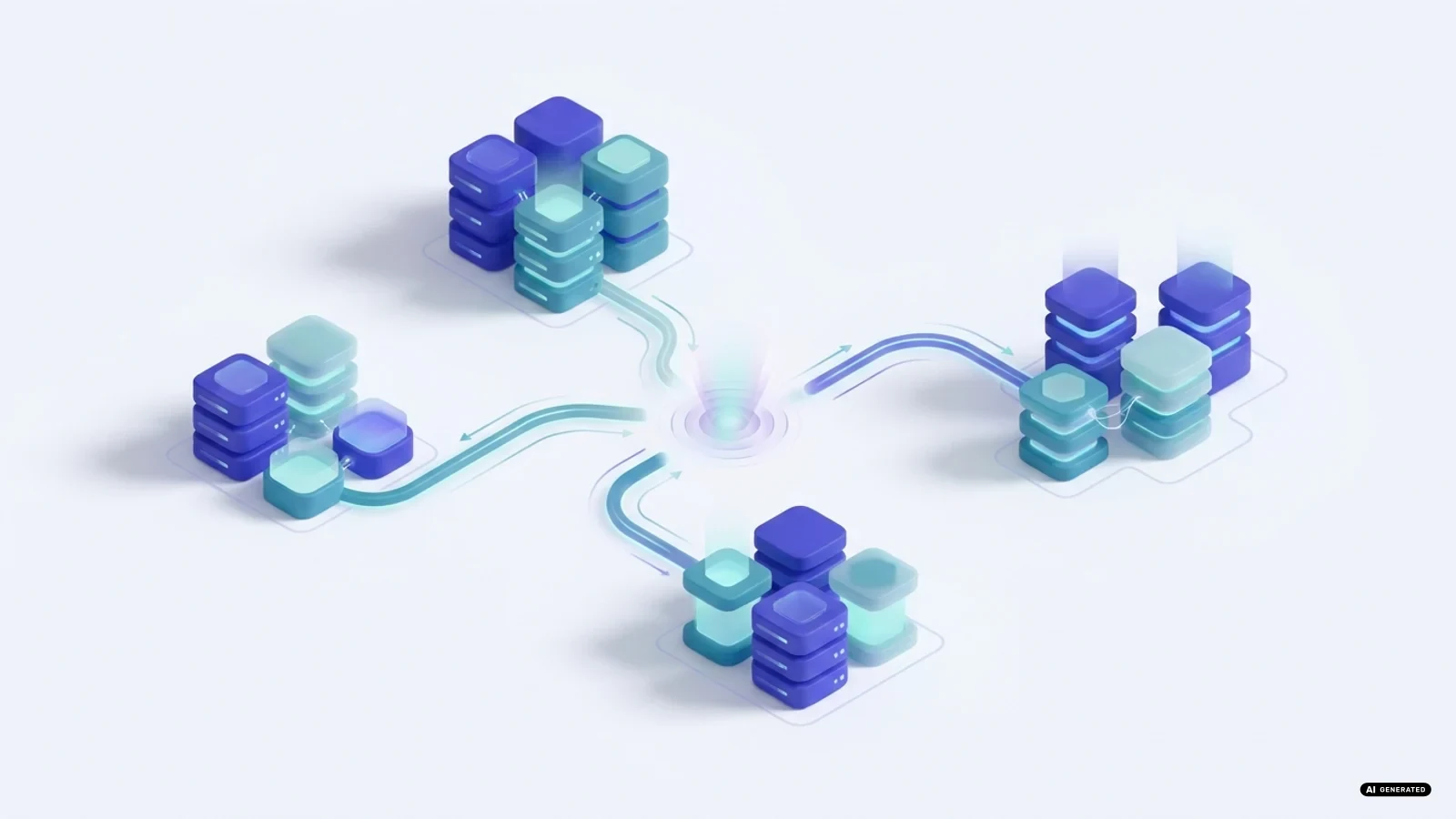 Illustrazione astratta di server luminosi collegati a linee elettriche stilizzate