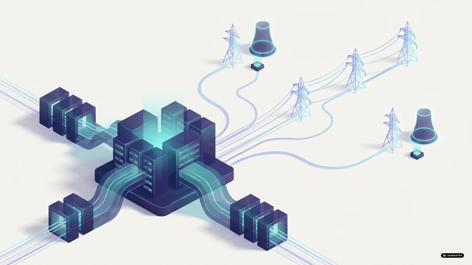 Illustrazione astratta di server luminosi collegati a linee elettriche stilizzate